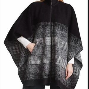 Bernardo Zip Front Poncho Cape Black Gray Wool Blend